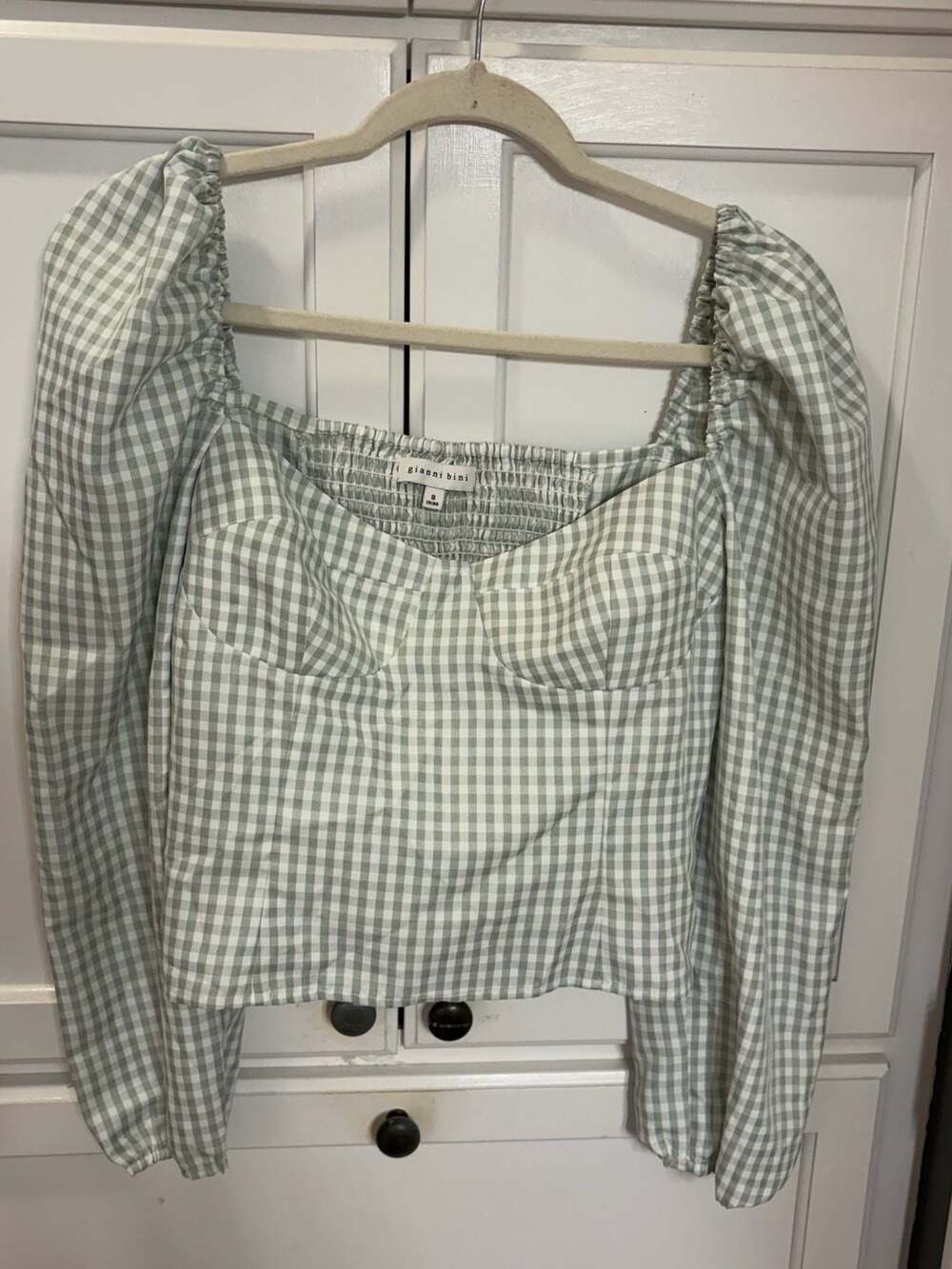 Gianni Bini Sage Green Gingham Puff Sleeve Crop Top Size 8 Cottagecore Milkmaid